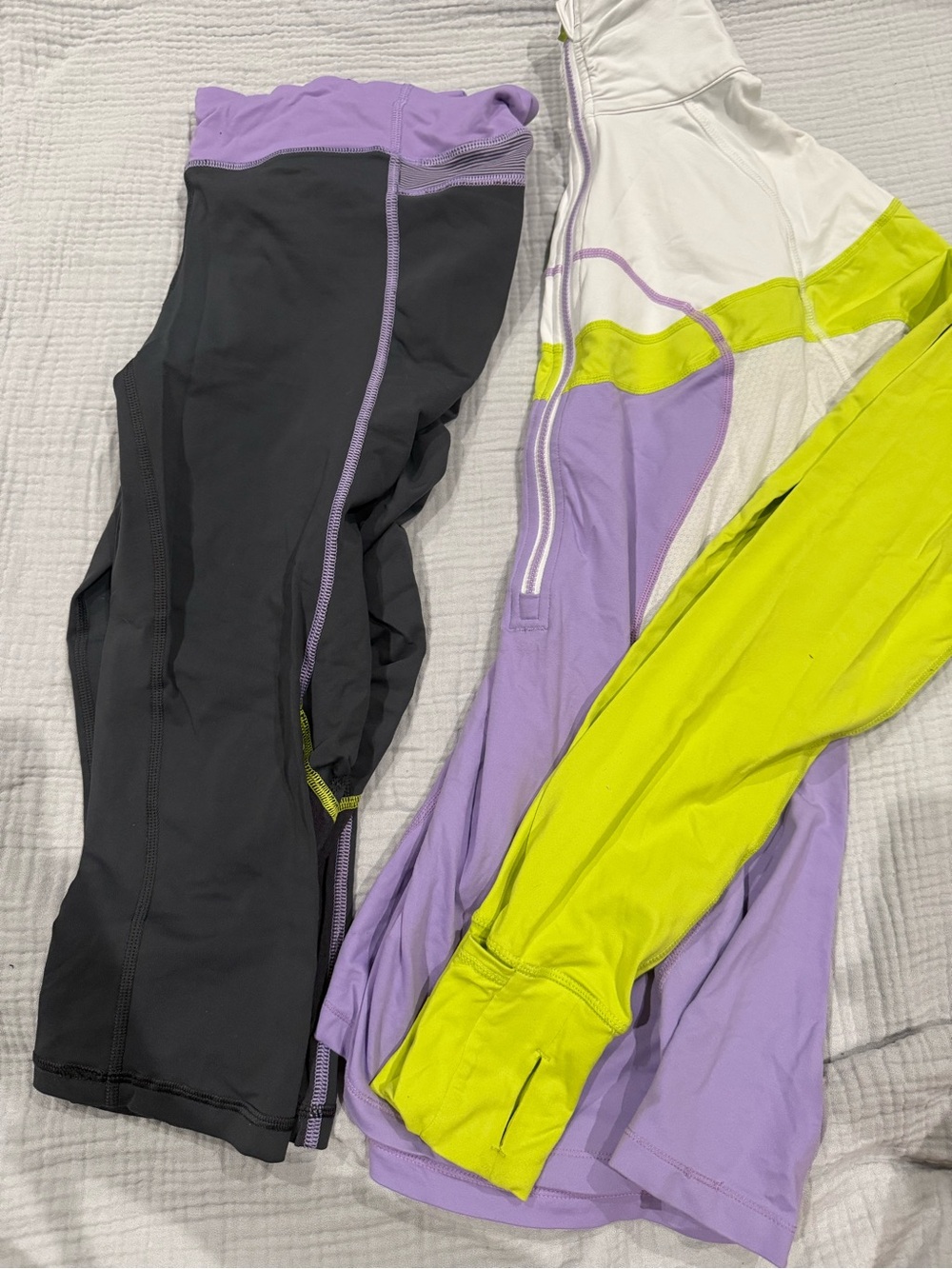 Lululemon Purple and Neon Green Active Top and Black Leggings Set
